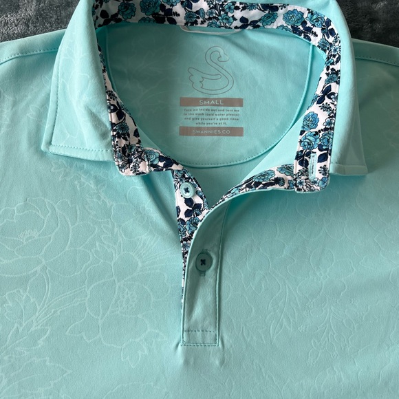 Swannies Blue Subtle 🌿 Floral Golf Performance Apparel Polo With Flower Collar S - Picture 5 of 13